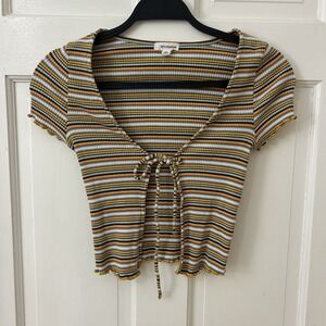 Y2K Striped‎ Ribbed Open Tie Top Curly Hem Crop Cotton Blend Sz S